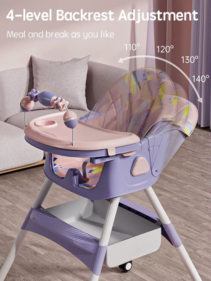 PANGDUBE Baby-Hochstuhl mit Rädern und Zubehör, verstellbarer Kleinkind-Essstuhl in Khaki inklusive Lätzchen, Schüssel und Löffel - Bild 3