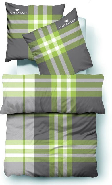 Bettwäsche TOM TAILOR Linon aus Baumwolle mit grafischem Design in Grün und Grau, B/H: 155 x 220 cm und 80 x 80 cm - Bild 1