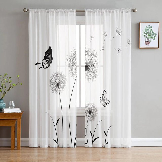 Yiran Furniture Transparentes Organza-Fenstervorhang mit Löwenzahn-Blumenmuster in Schwarz-Weiß, Breite: 135 cm, Höhe: 115 cm - Bild 1