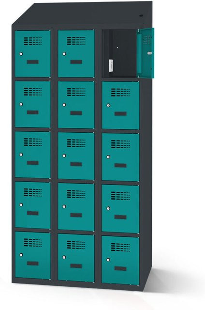 rotstahl Fächerschrank mit Ladefunktion und 15 Fächern in Türkis mit anthrazitgrauem Korpus, B: 90 cm, H: 200 cm - Bild 1