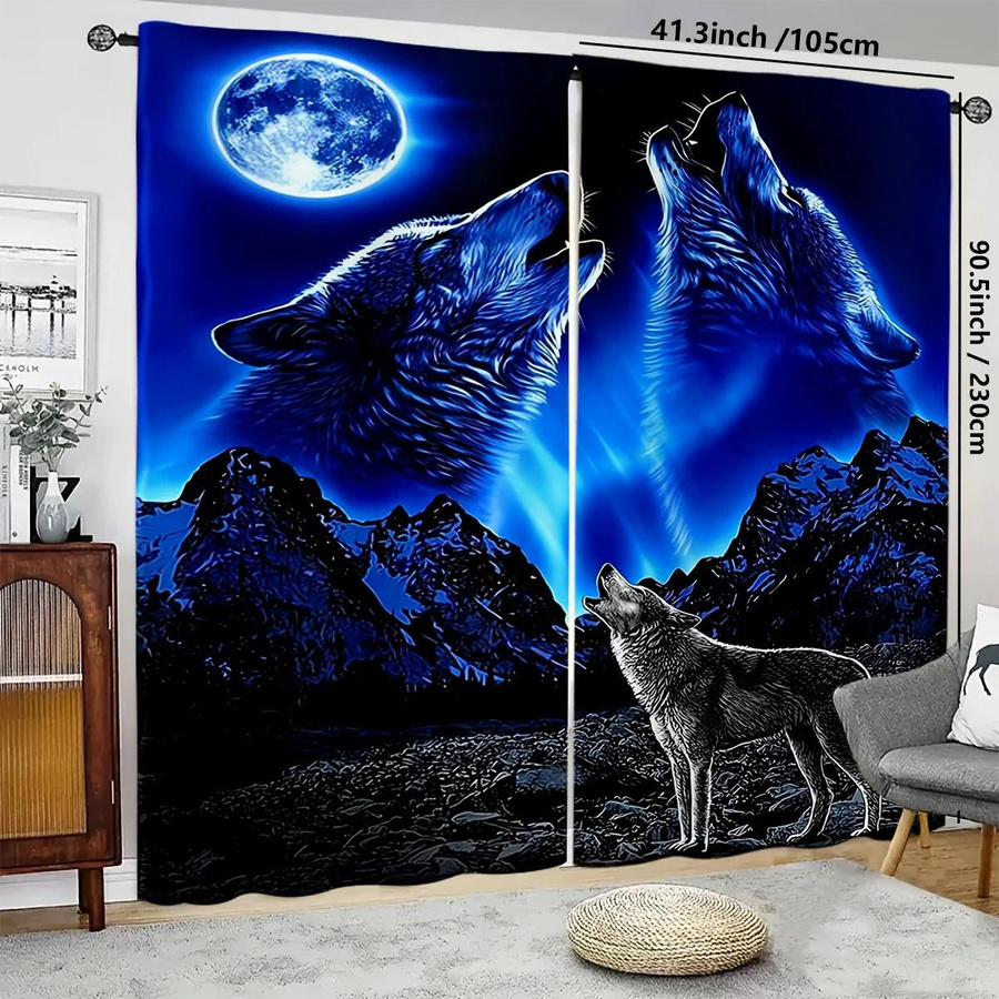 Yiran Furniture Vorhänge mit 3D Wolf Heulen unter dem Mond Motiv, semi-transparent, 2er-Set, Breite: 35 cm, Höhe: 100 cm - Bild 3