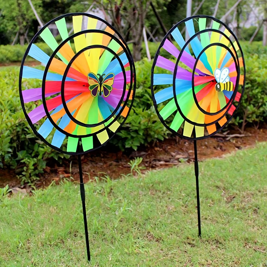 2er-Set Windspinner aus Metall mit Schmetterling und Biene in Regenbogenfarben, glitzerndes Windrad für den Garten, Höhe: 34 cm - Bild 1