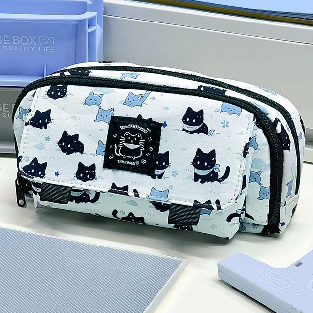 Mehrschichtiges Federmäppchen mit Kätzchen-Print in Multicolour für die Schule und Schreibtisch-Aufbewahrung - Bild 1