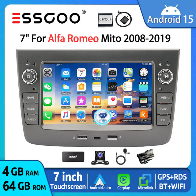 ESSGOO Android 15 Carplay und Android Auto Autoradio für Alfa Romeo Mito 08-19 mit 7 Zoll Display, 4GB RAM + 64GB Speicher, GPS, Bluetooth, WiFi und USB in Schwarz - Bild 1