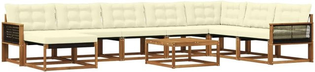 vidaXL Outdoor-Sofagarnitur aus Akazienmassivholz in L-Form, 9-teiliges Set mit Textilene-Bezug und wetterfesten Kissen in Natur und Creme - Bild 1