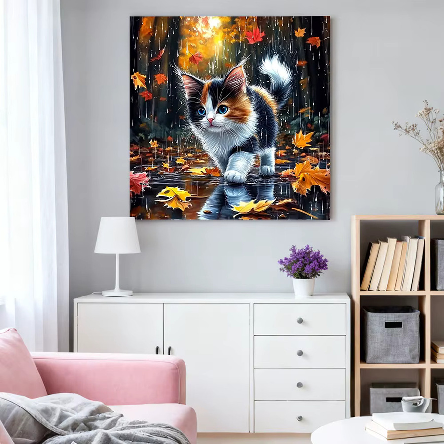 HUACAN Diamantmalerei Katze Herbst Tier Motiv als Mosaik-Wanddeko in Mehrfarbig mit Vollbohrer-Technik - Bild 3