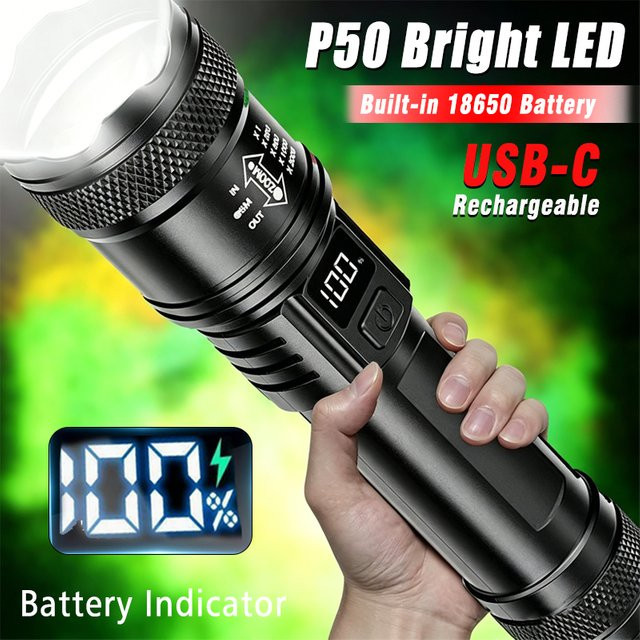 NEWBIRTH P50 LED-Taschenlampe Schwarz mit 2000LM, taktische EDC-Fackel mit Teleskop-Zoom und Typ-C wiederaufladbarer Akku für Camping und Notfälle - Bild 1