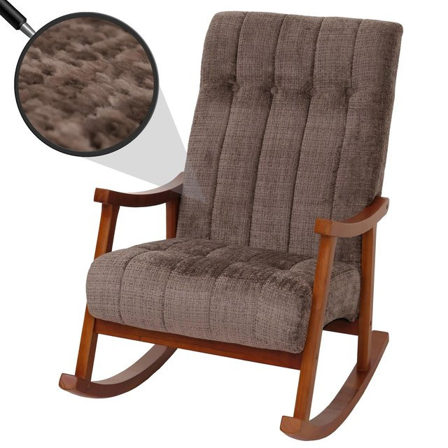 Relaxsessel MCW-K10 Schaukelstuhl aus Holz mit Chenille-Stoffbezug in Braun und Walnuss-Optik - Bild 1