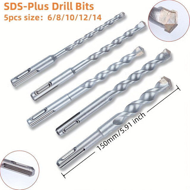 5-teiliges SDS-Plus Bohrhammer-Bohrer-Set mit Hartmetallspitzen in Silber, Durchmesser: 6 mm, 8 mm, 10 mm, 12 mm, 14 mm, ideal zum Bohren in Beton, Fliesen, Steinplatten, Marmor, Granit und Ziegelwänden - Bild 1