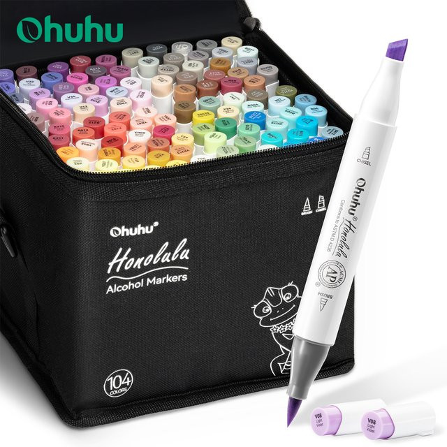 Ohuhu Honolulu Alkohol-Kunstmarker Set mit 104 Farben, nachfüllbare Doppelspitzen für Manga, Skizzieren und Zeichnen, Multicolor - Bild 1