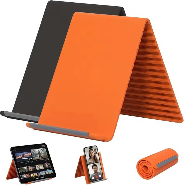 Universeller faltbarer und flexibler Silikon-Handyständer in Schwarz oder Orange, mehrfach winkelverstellbarer und biegbarer Tischhalter für dein Smartphone - Bild 1