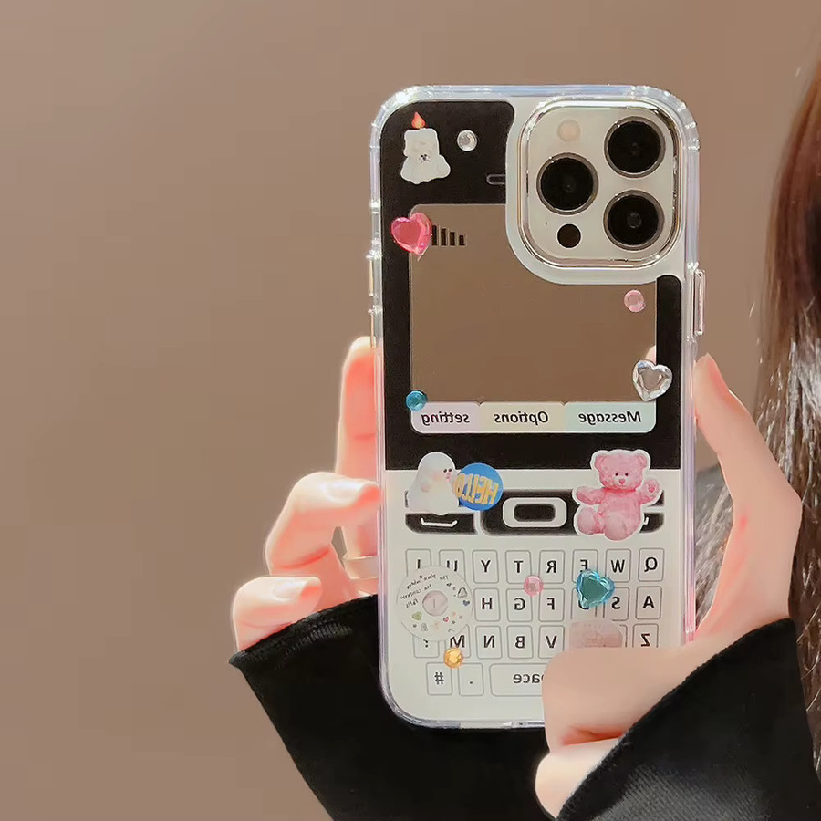 Retro-Telefonhülle mit Make-up-Spiegel und Diamant-Aufklebern für iPhone 11 bis iPhone 16 Pro Max von MUQGEW - Bild 3
