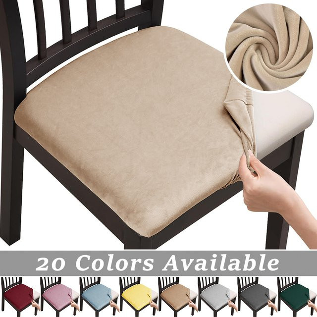 Airldianer Stuhlsitzbezüge aus Samt in Beige und Gold, elastische und waschbare Esszimmer-Sitzbezüge aus Spandex - Bild 1