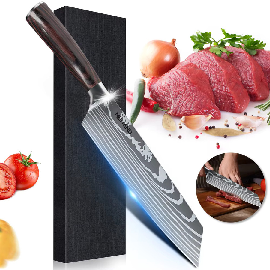 MDHAND Damaststahl Küchenmesser Kiritsuke für Fleisch, Sushi und Grillen, Silber und Braun mit Holzgriff - Bild 3