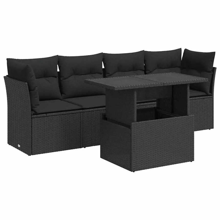 vidaXL 5-teilige Garten-Sofagarnitur in L-Form aus schwarzem Poly-Rattan mit Kissen und Stauraum - Bild 2