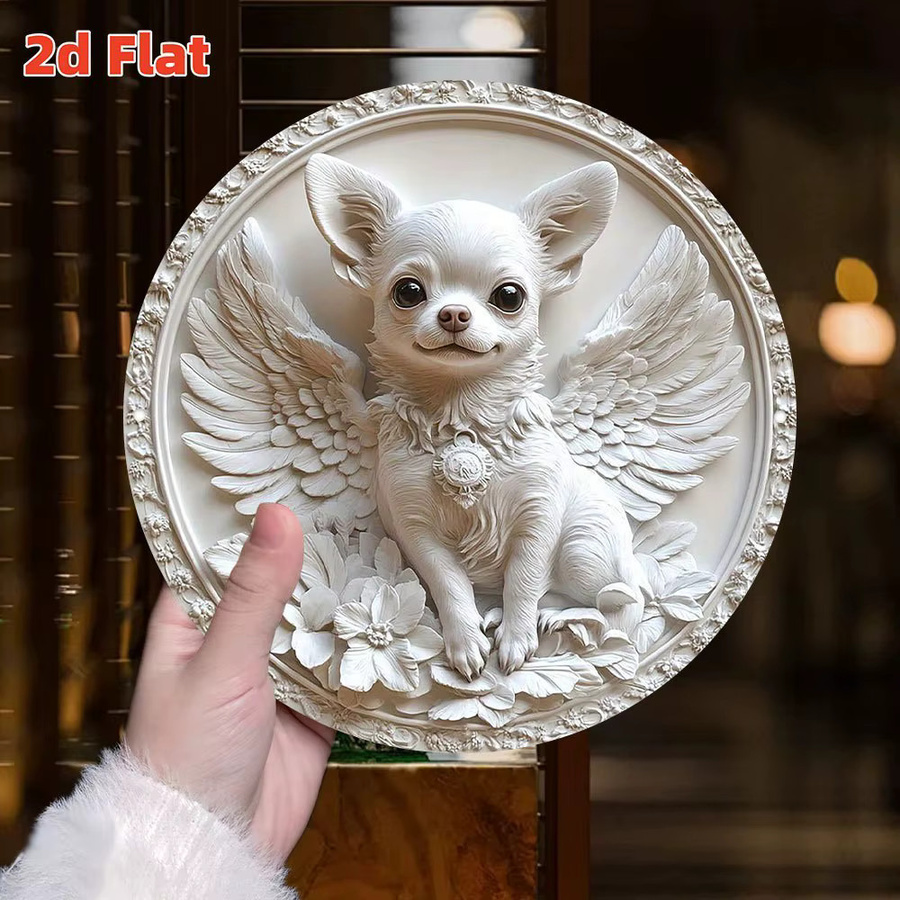 Potdemiel Angel Dog Relief Wall Art – Geflügelter Chihuahua als 2D Flat Hängeschild aus Aluminium, Weiß, Durchmesser: 19,79 cm - Bild 3