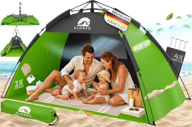 ELONEO Pop Up Strandmuschel mit UV Schutz UPF 80+, Grün, B/T/H: 190 x 100 x 110 cm - Bild 1