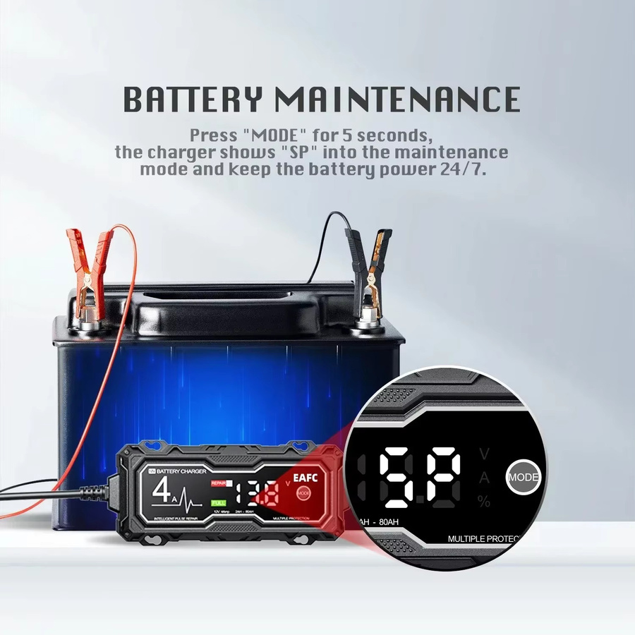 EAFC Intelligentes Batterie Ladegerät für Auto und Motorrad mit Puls Reparatur Funktion für Blei-Säure und AGM Batterien in Schwarz - Bild 3