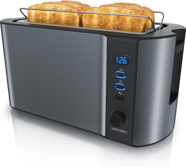 Arendo Toaster für 4 Scheiben mit Langschlitz, 1500W, Digitaldisplay, wärmeisolierendes Doppelwandgehäuse, Brötchenaufsatz und Auftaufunktion, Grau - Bild 1