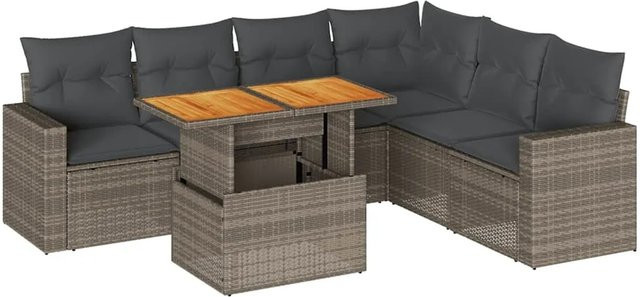vidaXL 7-teilige Garten-Sofagarnitur aus Poly-Rattan und Akazienholz in Grau mit Kissen - Bild 1