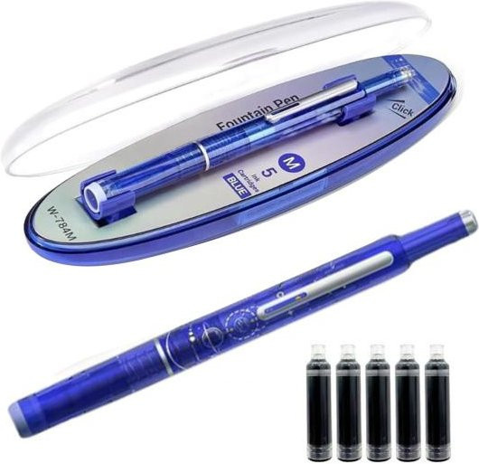 Hercules Einziehbarer Füllfederhalter Set mit 0,38 mm feiner Feder, transparenter Schaft, schwarzer und blauer Tinte sowie 5 nachfüllbaren Tintenpatronen - Bild 1