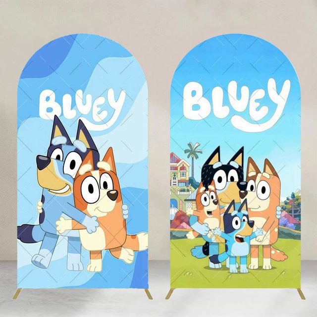 Blauer Bogen-Hintergrundbezug mit Bluey Hund-Motiv für Jungen-Geburtstagsfeiern und Babypartys als Fotografie-Hintergrund und Dekorationszubehör - Bild 1