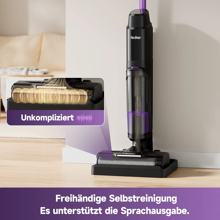 Redroad H15 Intelligenter 3-in-1 Kabelloser Nass-Trocken-Staubsauger und Bodenwischer mit Selbstreinigung in Schwarz und Lila - Bild 2