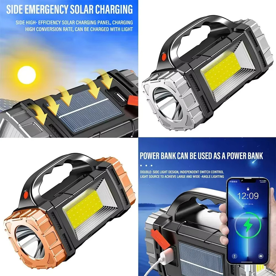 XIWANGFIRE Solar-Taschenlampe mit LED und COB-Arbeitslicht, wasserdichte wiederaufladbare USB-Taschenlampe in Schwarz für Camping und Outdoor - Bild 2