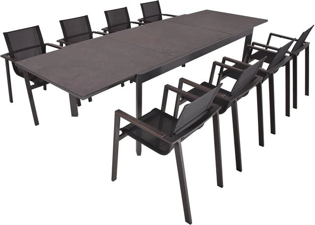 DELUKE Garten-Sitzgruppe EIKE 9-tlg. in Dunkelgrau mit ausziehbarem Esstisch und Stapelstühlen aus Kunststoff, Aluminium und Glas - Bild 1