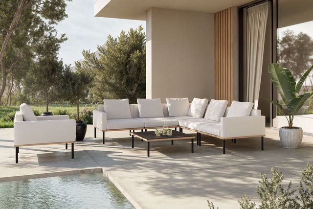PLOSS Lunare Light Plus Gartenlounge in U-Form mit Tisch und Einzelsessel, Farbe: Cashmere Sand/Anthrazit, Material: Pulverbeschichtetes Aluminium und UV-beständiges Polyester, Tisch Maße: 86 x 86 cm - Bild 1