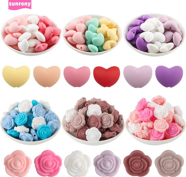 Sunrony Mini Silikon Perlen, Rose, Blume, Herz, für Halskette, Armband - Bild 1