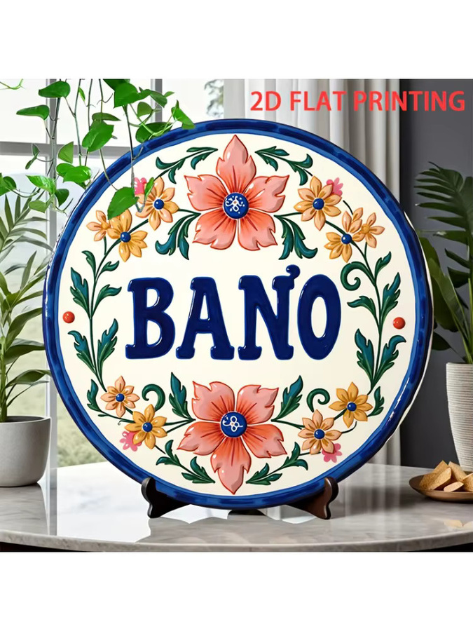 Rundes mexikanisches Talavera-Blechschild von Potdemiel mit blau-orangefarbenem Blumenmuster und Bano-Schriftzug, Durchmesser: 20,3 cm - Bild 7