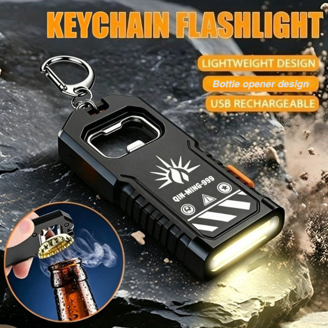 XIWANGFIRE LED-Schlüsselanhänger-Taschenlampe in Schwarz mit Flaschenöffner und wiederaufladbarem Akku - Bild 1