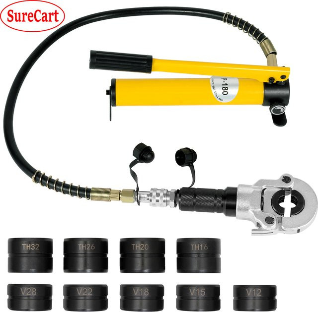 Bymaocar Hydraulikpumpen-Crimpzange Set in Gelb mit 6 Zähnen und 9 Matrizen für Edelstahlrohr, Kupferrohr, PEX und PB, Pressbereich V12–28 mm und TH16–32 mm - Bild 1