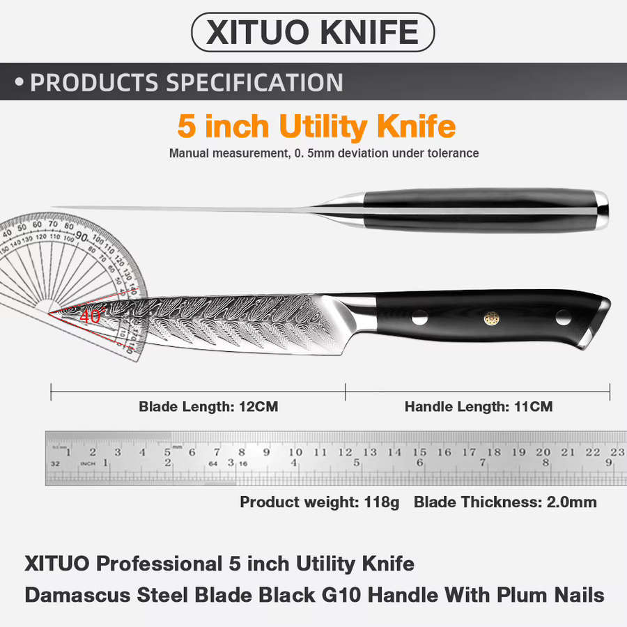 Xituo Damaststahl Schälmesser in Schwarz mit ergonomischem G10 Griff, 12,7 cm - Bild 2