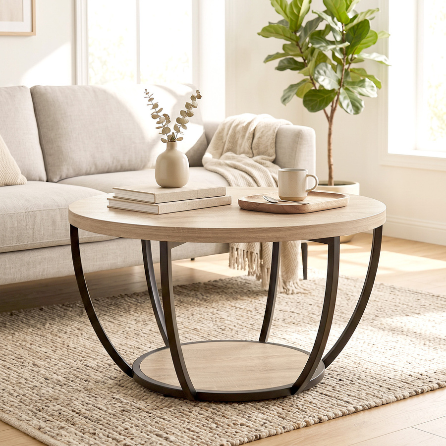 Aosom HOMCOM Rund-Couchtisch mit 2 Ablagen in Eiche und Schwarz, moderner Wohnzimmertisch mit Metallbeinen und abgerundeten Kanten, Durchmesser: 80 cm, Höhe: 43,8 cm - Bild 2