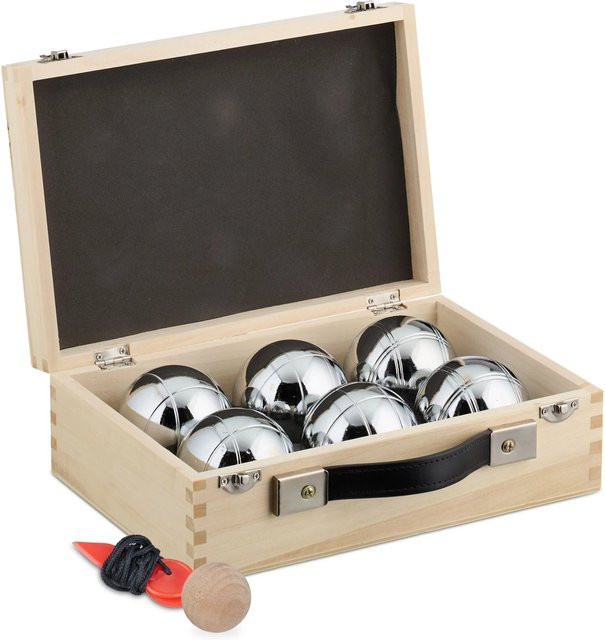 Relaxdays Boule Kugeln Set Stahl Natur Silber mit Holzkoffer 6-teiliges Set - Bild 1