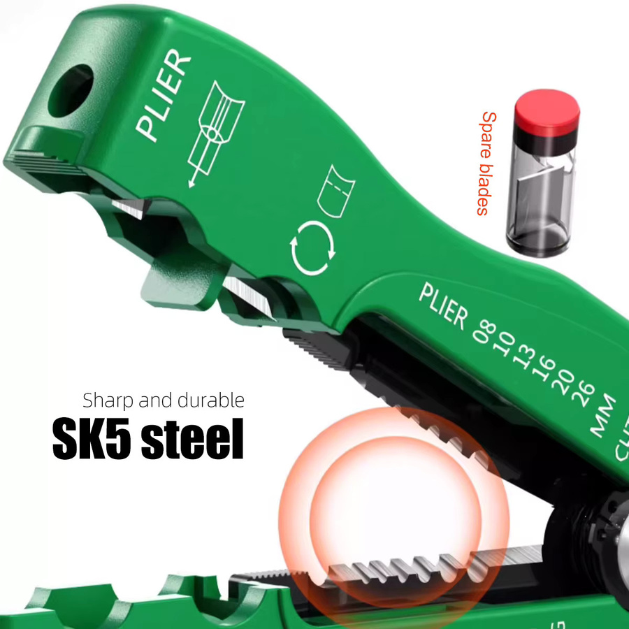 LAOA Handgehaltener Drahtabisolierer mit SK5-Stahlklinge in Grün, Abisolierbereich 0,8-2,6mm² und Kabelschneider für 10mm Außenschalen-Abisolierung - Bild 5