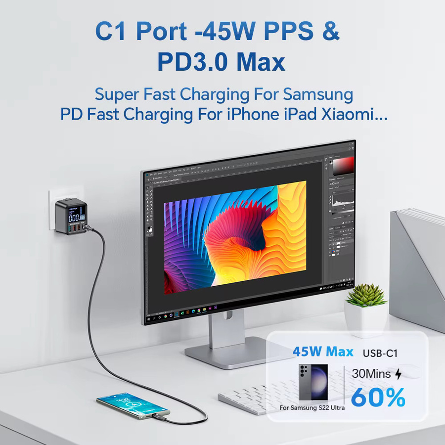 ASOMETECH 72 W GaN USB-Ladegerät in Schwarz mit 4 Ports und LED-Anzeige, unterstützt QC3.0, PD3.0 und PPS, inklusive USB-C Schnellladegerät für iPhone 16, iPad, Samsung und Xiaomi - Bild 5