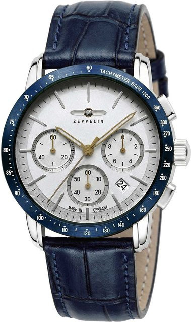 Zeppelin Chronograph, Herren, Quarz, Edelstahl, 43 mm, Leder, Weiß, 5 ATM - Bild 1