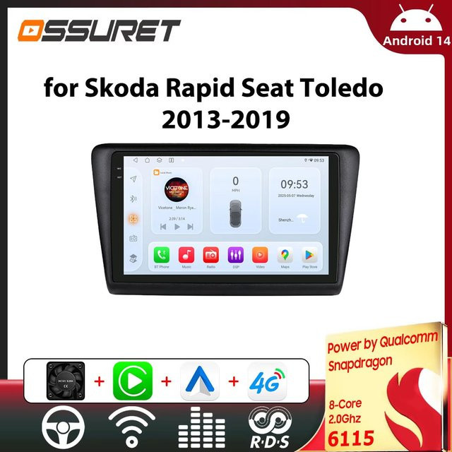 OSSURET Android 14 Autoradio mit Snapdragon 6115 und GPS für Skoda Rapid und Seat Toledo 2013–2019, 2 DIN Stereo-System mit Carplay, Schwarz - Bild 1