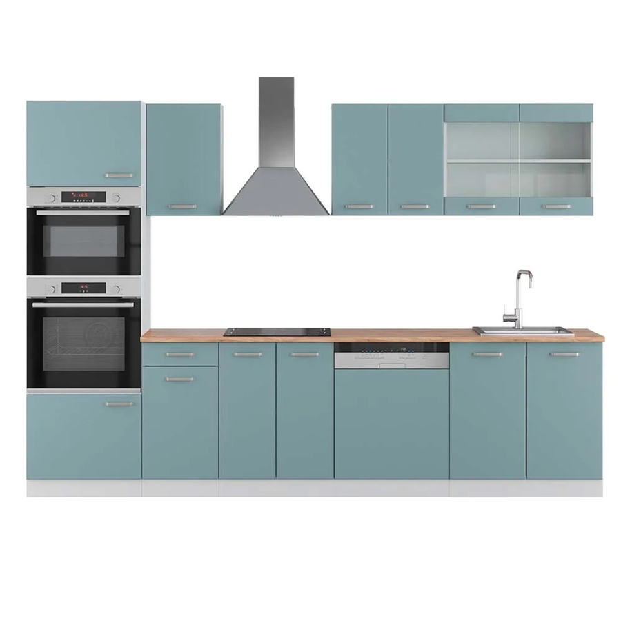 Vicco R-Line Küchenzeile modern in Blau-Grau und Weiß mit Hochschrank in Eiche, Breite: 300 cm, Höhe: 207 cm, Tiefe: 60 cm - Bild 1