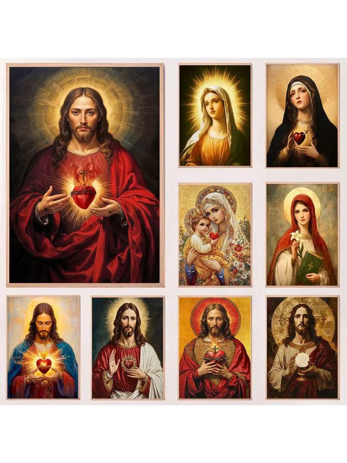 Potdemiel Religiöses Leinwand Poster Heiliges Herz Jesus und Jungfrau Maria Kunstmalerei für Wohnzimmer und Schlafzimmer - Bild 3