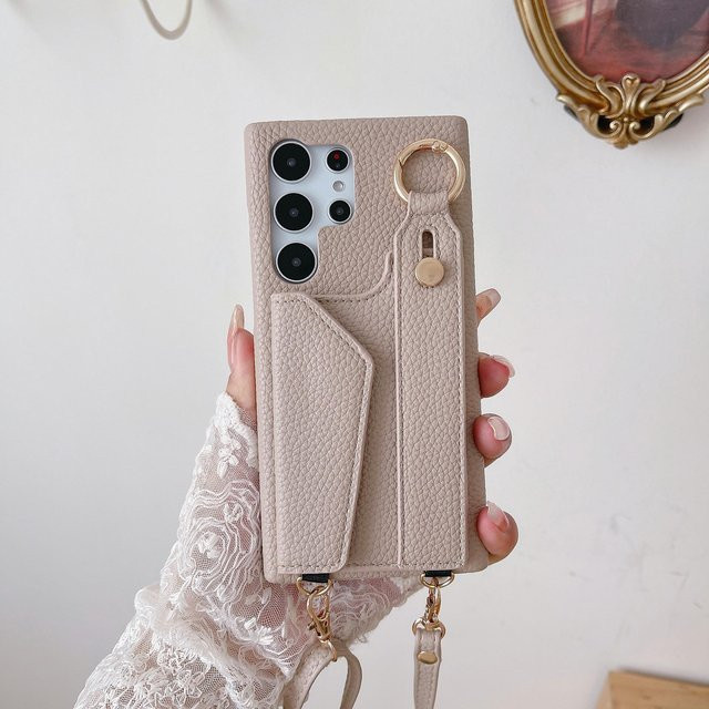 Lederne Crossbody-Handyhülle mit Geldbörse und Handgelenkgurt für Samsung Galaxy S23 S22 Ultra Plus A54 A53 5G in Beige - Bild 1