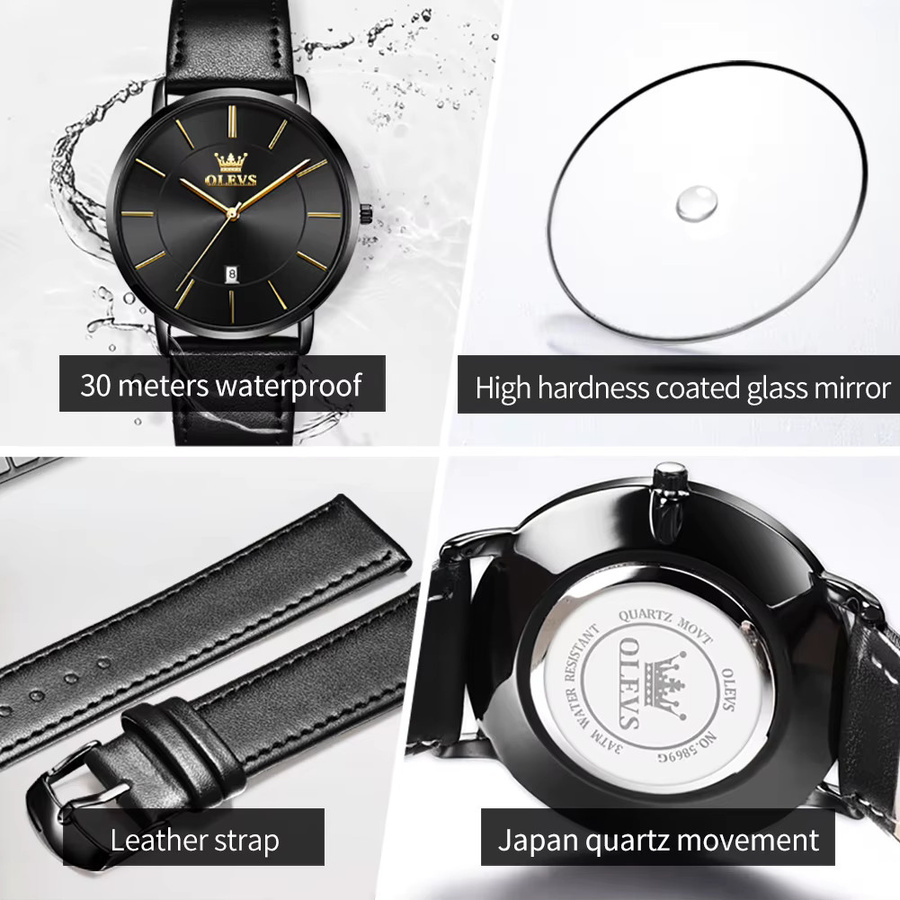 OLEVS Armbanduhr Quarz, Lederarmband, Schwarz, Herren - Bild 3