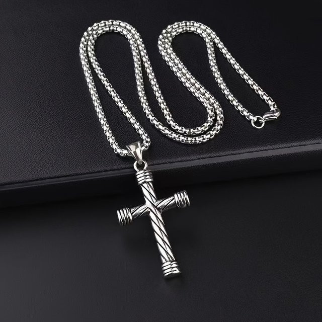 Halskette Edelstahl, Silber, Spiral Säulen Kreuz Anhänger, Unisex - Bild 1