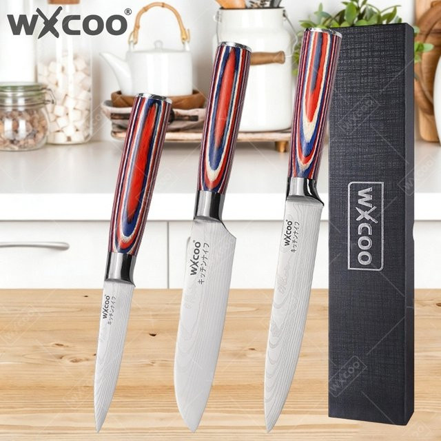 WXCOO Professionelles Damaszener Laser Küchenmesser Set in Multicolour mit Ausbeinmesser, Allzweckmesser, Fleischmesser, Obst- und Gemüsemesser sowie Santoku-Messer in einer Geschenkbox - Bild 1