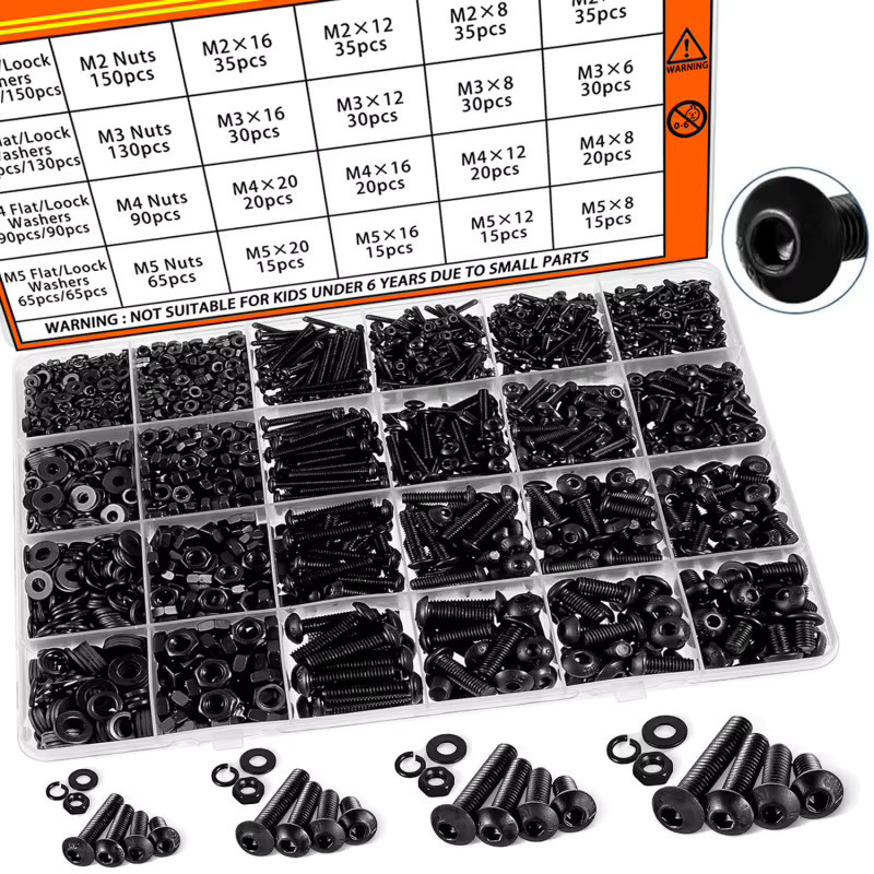 BOVILEVR 1705-teiliges Maschinenschrauben-Sortiment-Set mit M2-M5 Sechskant-Halbrundkopf-Schrauben, Muttern und flachen Unterlegscheiben aus legiertem Stahl 10,9 - Bild 4