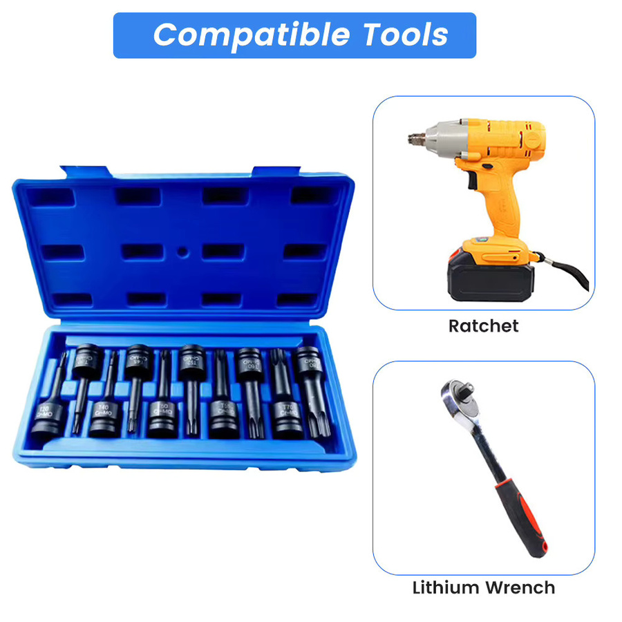 Podofo 10-teiliger Torx-Bit-Steckschlüsselsatz 1/2 Zoll aus Cr-Mo-Stahl in Blau mit Aufbewahrungskoffer, T20-T80 Stern-Steckschlüsseladapter für Kfz-Reparatur und Wartung - Bild 4