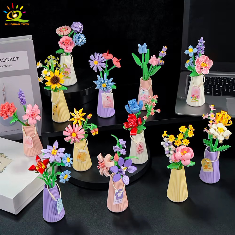 HUIQIBAO Blume mit Topf, Mikro-Baustein, Sonnenblume, Mini-Modell, Set - Bild 1